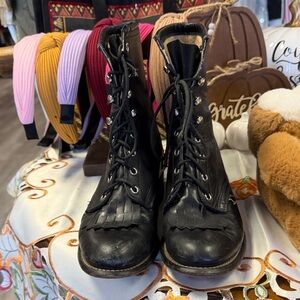 Western Black Lace-Up Leather Boots